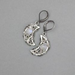 kolczyki,księżyc,wire wrapping,kamień księżycowy - Kolczyki - Biżuteria